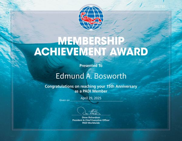 Ed Bosworth 15-year PADI Membership Achievement Award