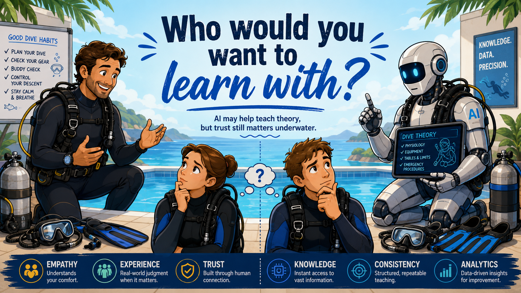 Cartoon comparison of a human dive instructor and an AI robot instructor teaching scuba students